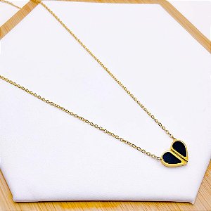 COLAR AÇO INOXIDÁVEL 45 CM PINGENTE CORAÇÃO PRETO - DOURADO