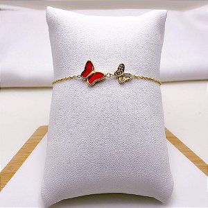 PULSEIRA AÇO INOXIDÁVEL BORBOLETA VERMELHA  - DOURADA