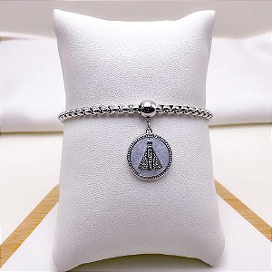 PULSEIRA AÇO INOXIDÁVEL ELO PIPOCA PINGENTE NOSSA SENHORA MADREPÉROLA - PRATEADA