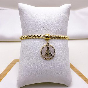 PULSEIRA AÇO INOXIDÁVEL ELO PIPOCA PINGENTE NOSSA SENHORA MADREPÉROLA - DOURADO
