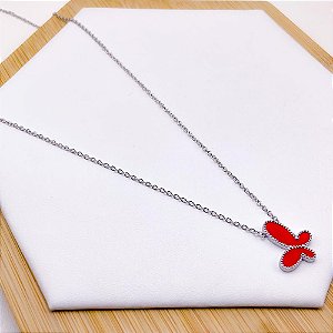 COLAR AÇO INOXIDÁVEL 45 CM BORBOLETA VERMELHA - PRATEADO