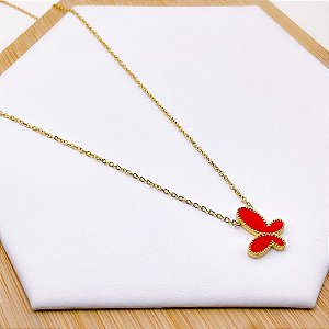 COLAR AÇO INOXIDÁVEL 45 CM BORBOLETA VERMELHA - DOURADO