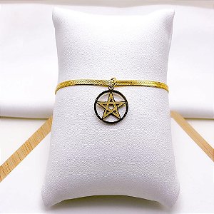 PULSEIRA  AÇO INOX FITA PINGENTE ESTRELA DE DAVI - DOURADA