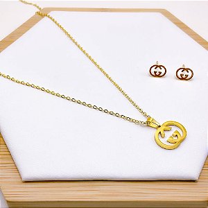 CONJUNTO COLAR  E BRINCO AÇO INOXIDÁVEL INSPIRE-SE - DOURADO