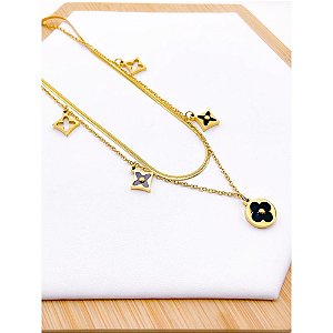 COLAR DUPLO AÇO INOXIDÁVEL 45 CM PINGENTE TREVO PRETO - DOURADO