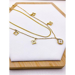 COLAR DUPLO AÇO INOXIDÁVEL 45 CM PINGENTE TREVO PEROLADO - DOURADO