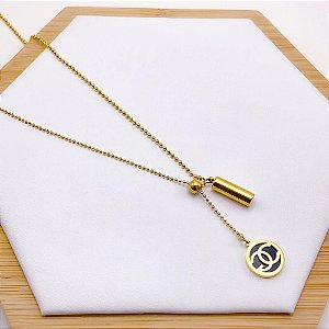 COLAR AÇO INOXIDÁVEL 45 CM PINGENTE PÊNDULO E INSPIRE-SE PRETO - DOURADO
