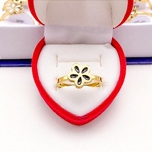 ANEL DE AÇO INOXIDÁVEL FLOR ESMALTADA PRETA - DOURADO