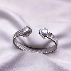 BRACELETE AÇO INOXIDÁVEL CORAÇÃO PEROLADO - PRATEADO