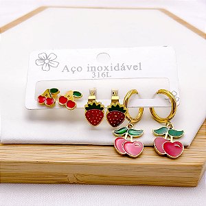 CARTELA TRIO BRINCO AÇO INOXIDÁVEL CEREJA E MORANGO - DOURADO