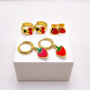 CARTELA TRIO BRINCO AÇO INOXIDÁVEL MORANGO E CEREJA - DOURADO