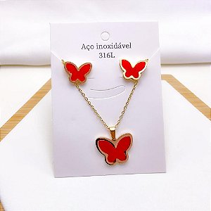 CONJUNTO COLAR  E BRINCO AÇO INOXIDÁVEL  BORBOLETA VERMELHO - DOURADO