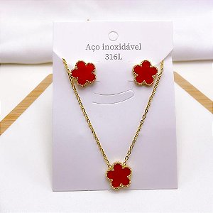 CONJUNTO COLAR  E BRINCO AÇO INOXIDÁVEL  FLOR VERMELHO - DOURADO