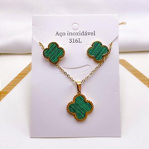 CONJUNTO COLAR  E BRINCO AÇO INOXIDÁVEL  TREVO VERDE - DOURADO