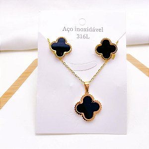 CONJUNTO COLAR  E BRINCO AÇO INOXIDÁVEL  TREVO PRETO - DOURADO
