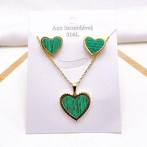 CONJUNTO COLAR  E BRINCO AÇO INOXIDÁVEL  CORAÇÃO VERDE - DOURADO