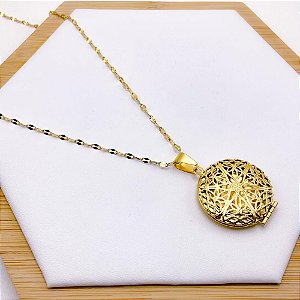 RELICÁRIO AÇO INOXÁVEL 55CM REDONDO DETALHES VAZADOS - DOURADO