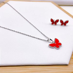 CONJUNTO COLAR  E BRINCO AÇO INOXIDÁVEL  BORBOLETA VERMELHA - PRATEADO