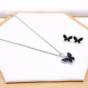 CONJUNTO COLAR  E BRINCO AÇO INOXIDÁVEL  BORBOLETA PRETA - PRATEADO