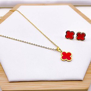 CONJUNTO COLAR  E BRINCO AÇO INOXIDÁVEL  TREVO VERMELHO - DOURADO