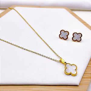 CONJUNTO COLAR  E BRINCO AÇO INOXIDÁVEL  TREVO MADRIPÉROLA - DOURADO