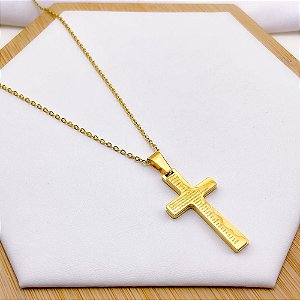 COLAR  AÇO INOXIDÁVEL 50CM PINGENTE CRUCIFIXO PAI NOSSO - DOURADO