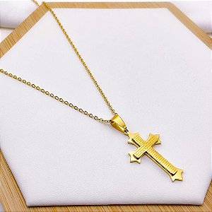 COLAR  AÇO INOXIDÁVEL 50CM PINGENTE CRUCIFIXO PAI NOSSO - DOURADO