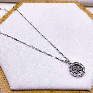 COLAR AÇO INOX 45 CM  PINGENTE TREVO STRASS - PRATEADO
