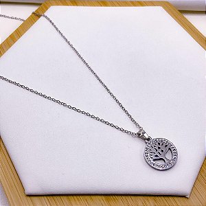 COLAR AÇO INOX 45 CM  PINGENTE ÁRVORE DA VIDA STRASS - PRATEADO