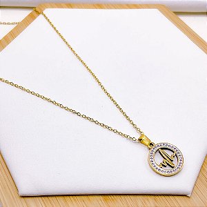 COLAR AÇO INOX 45 CM  PINGENTE BATIMENTOS STRASS - DOURADO