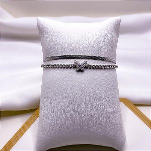 PULSEIRA AÇO INOXIDÁVEL DUPLA FITA E RIVIERA BORBOLETA CRAVEJADA  - PRATEADA