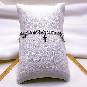 PULSEIRA AÇO INOXIDÁVEL DUPLA BOLINHA E CRUZ - PRATEADA