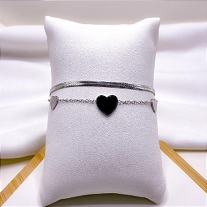 PULSEIRA AÇO INOXIDÁVEL DUPLA FITA E CORAÇÃO PRETO - PRATEADA