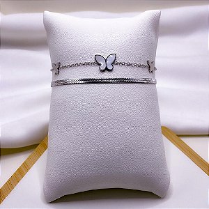 PULSEIRA AÇO INOXIDÁVEL FITA E  BORBOLETA PEROLADA - PRATEADA