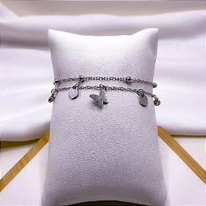 PULSEIRA AÇO INOXIDÁVEL DUPLA BOLINHAS E  BORBOLETA - PRATEADA