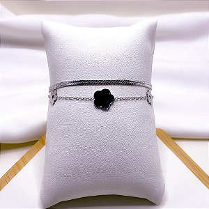 PULSEIRA AÇO INOXIDÁVEL DUPLA FITA E FLOR PRETA