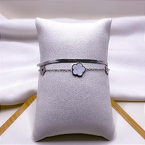 PULSEIRA AÇO INOXIDÁVEL DUPLA FITA E FLOR PEROLADA
