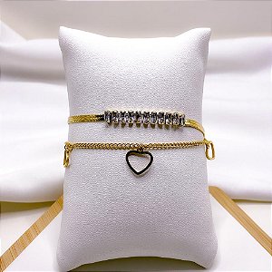 PULSEIRA AÇO INOXIDÁVEL RIVIERA BAGUETE CRISTAL E CORAÇÃO VAZADO - DOURADA