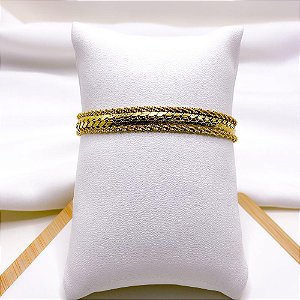 PULSEIRA AÇO INOXIDÁVEL GRUMET RISCADA E CORDÃO BAIANO - DOURADA