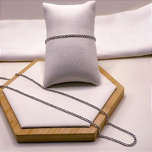 KIT CORRENTE E PULSEIRA GRUMET 0.8MM AÇO INOX - PRATEADO