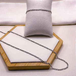KIT CORRENTE E PULSEIRA FÍGARO 0.8MM AÇO INOX - PRATEADO