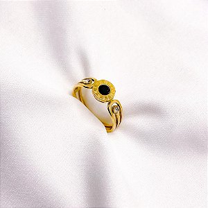 ANEL  ACO INOXIDAVEL ALGARISMOS ROMANOS  PEDRA PRETA - DOURADO (UNIDADE)