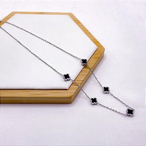 COLAR AÇO INOX 50CM TREVO PRETO - PRATEADO