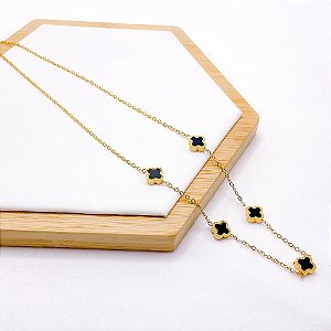 COLAR AÇO INOX 50CM TREVO PRETO - DOURADO
