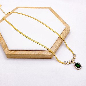 COLAR AÇO INOX FITA 45 CM CRAVEJADO BAGUETE CRISTAL PEDRA VERDE TURMALINA - DOURADO