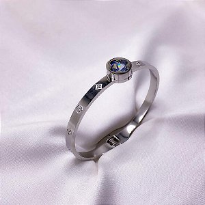 BRACELETE AÇO INOXIDÁVEL TREVO PEDRA CRISTAL - PRATEADO