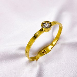 BRACELETE AÇO INOXIDÁVEL TREVO PEDRA CRISTAL - DOURADO