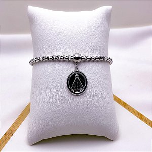 PULSEIRA AÇO INOXIDÁVEL ELO PIPOCA PINGENTE NOSSA SENHORA - PRATEADA