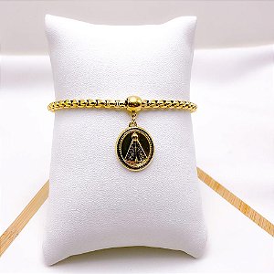 PULSEIRA AÇO INOXIDÁVEL ELO PIPOCA PINGENTE NOSSA SENHORA - DOURADO