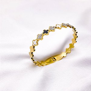 BRACELETE AÇO INOXIDÁVEL TREVO PEROLADO E PRETO  - DOURADO